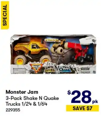 BIG W Monster Jam 3-Pack Shake N Quake Trucks 1/24 & 1/64 offer