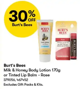 BIG W Burt's Bees Milk & Honey Body Lotion 170g or Tinted Lip Balm - Rose offer