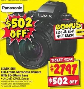 JB Hi-Fi Panasonic LUMIX S5II Full-Frame Mirrorless Camera With 20-60mm Lens offer