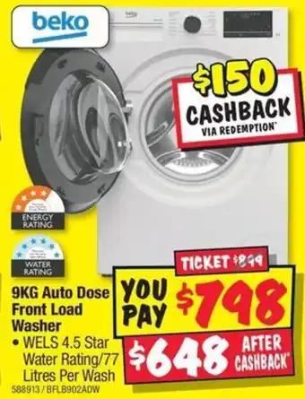 JB Hi-Fi beko 9KG Auto Dose Front Load Washer offer