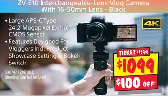 JB Hi-Fi ZV-E10 Interchangeable-Lens Vlog Camera With 16-50mm Lens - Black offer