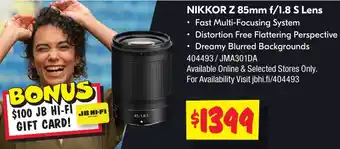 JB Hi-Fi NIKKOR Z 85mm f/1.8 S Lens offer