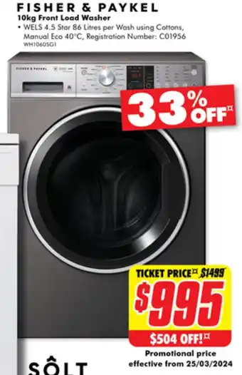 The Good Guys FISHER & PAYKEL 10kg Front Load Washer offer