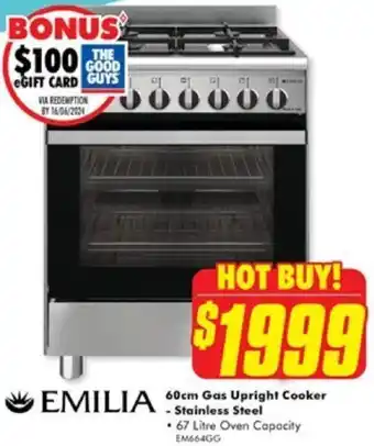 The Good Guys EMILIA 60cm Gas Upright Cooker - Stainless Steel offer