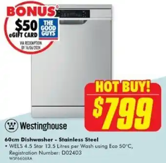 The Good Guys Westinghouse 60cm Dishwasher - Stainless Steel offer