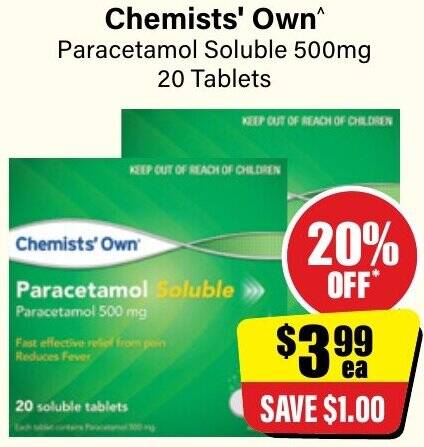 Chemists' Own Paracetamol Soluble 500mg 20 Tablets offer at Chemist ...