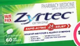 Super Pharmacy Zyrtec CETIRIZINE RAPID ACTING 24 RELIEF offer