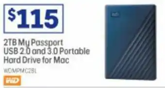 Officeworks WD 2TB My Passport USB 2.0 and 3.0 Portable Hard Drive for Mac offer