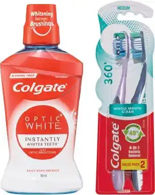 IGA Colgate Optic White Mouthwash 500mL, 360° Toothbrush 2 Pack or Optic White Toothpaste 100g Selected Varieties offer