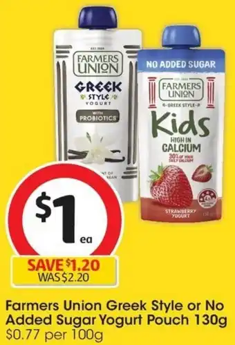 Coles Farmers Union Greek Style or No Added Sugar Yogurt Pouch 130g offer