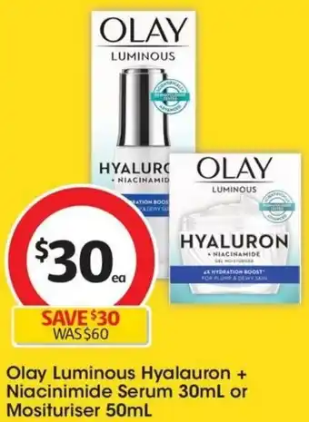Coles Olay Luminous Hyalauron + Niacinimide Serum 30mL or Mosituriser 50mL offer