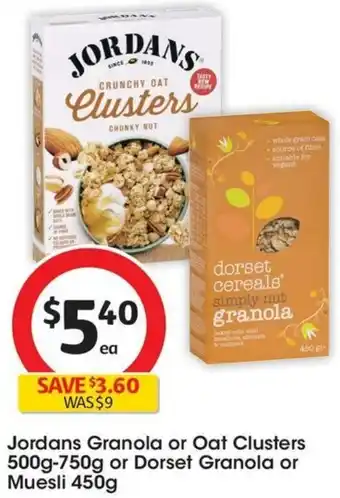 Coles Jordans Granola or Oat Clusters 500g-750g or Dorset Granola or Muesli 450g offer