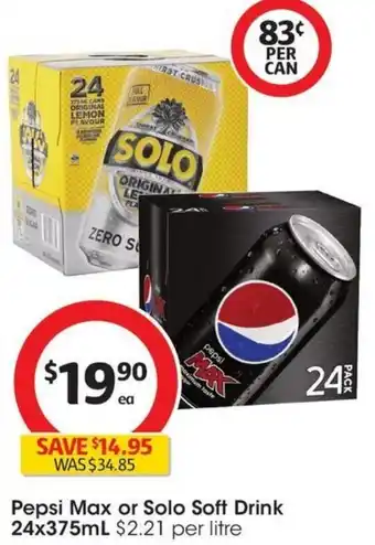 Coles Pepsi Max or Solo Soft Drink 24x375mL offer