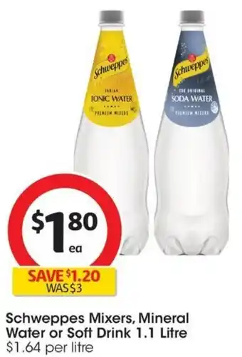 Coles Schweppes Mixers, Mineral Water or Soft Drink 1.1 Litre offer