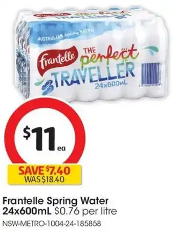 Coles Frantelle Spring Water 24x600mL offer