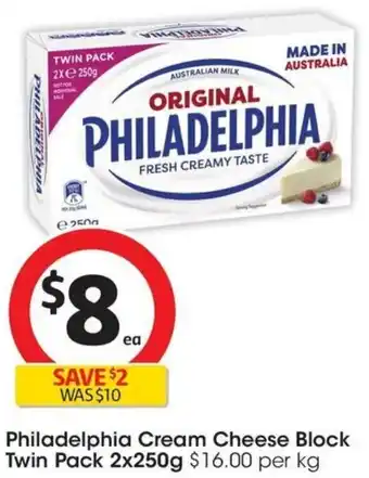 Coles Philadelphia Cream Cheese Block Twin Pack 2x250g offer