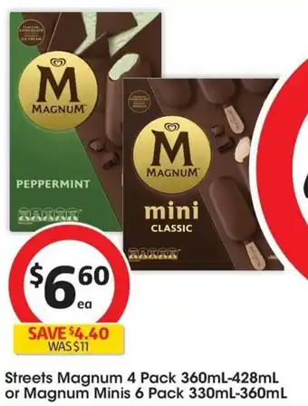 Coles Streets Magnum 4 Pack 360mL-428mL or Magnum Minis 6 Pack 330mL-360mL offer