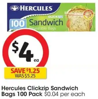 Coles Hercules Clickzip Sandwich Bags 100 Pack offer
