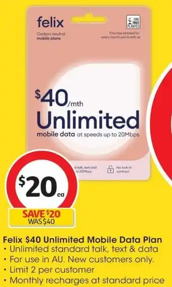 Coles Felix $40 Unlimited Mobile Data Plan offer