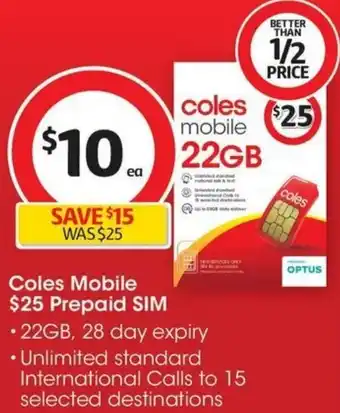Coles Coles Mobile $25 Prepaid SIM offer