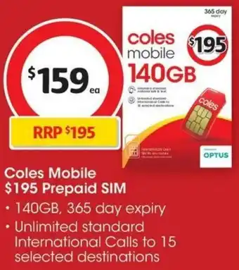 Coles Coles Mobile $195 Prepaid SIM offer