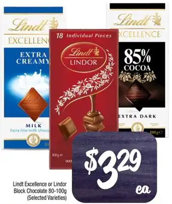 Farmer Jack's Lindt Excellence or Lindor Block Chocolate 80-100g offer
