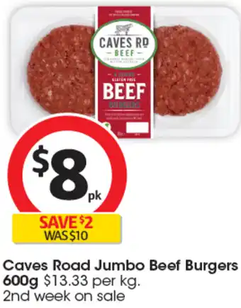 Coles Caves Road Jumbo Beef Burgers 600g offer
