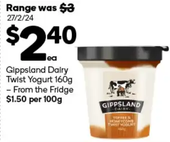 Woolworths Gippsland Dairy Twist Yogurt 160g offer
