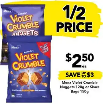 Drakes Menz Violet Crumble Nuggets 120g or Share Bags 150g offer