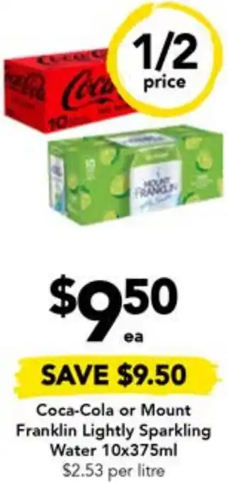 Drakes Coca-Cola or Mount Franklin Lightly Sparkling Water 10x375ml offer