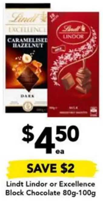 Drakes Lindt Lindor or Excellence Block Chocolate 80g-100g offer