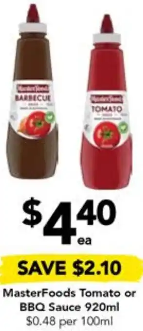 Drakes MasterFoods Tomato or BBQ Sauce 920ml offer
