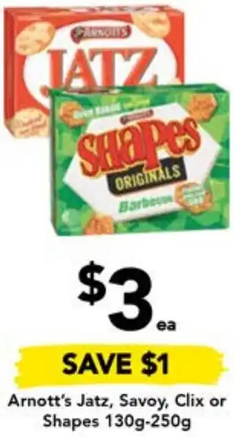 Drakes Arnott's Jatz, Savoy, Clix or Shapes 130g-250g offer
