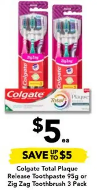 Drakes Colgate Total Plaque Release Toothpaste 95g or Zig Zag Toothbrush 3 Pack offer