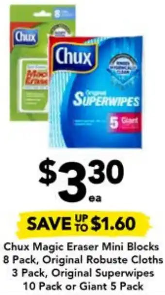 Drakes Chux Magic Eraser Mini Blocks 8 Pack, Original Robuste Cloths 3 Pack, Original Superwipes 10 Pack or Giant 5 Pack offer