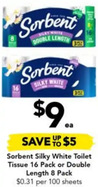 Drakes Sorbent Silky White Toilet Tissue 16 Pack or Double Length 8 Pack offer
