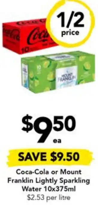 Drakes Coca-Cola or Mount Franklin Lightly Sparkling Water 10x375ml offer