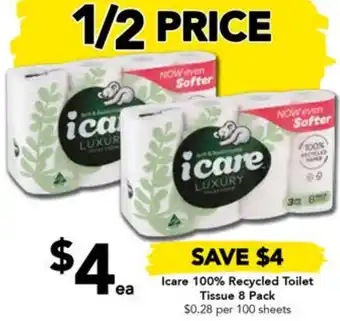 Drakes Icare 100% Recycled Toilet Tissue 8 Pack $0.28 per 100 sheets offer
