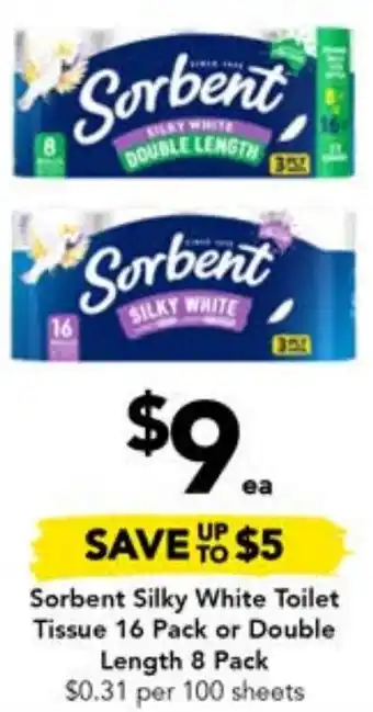 Drakes Sorbent Silky White Toilet Tissue 16 Pack or Double Length 8 Pack offer