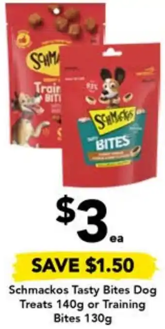 Drakes Schmackos Tasty Bites Dog Treats 140g or Training Bites 130g offer