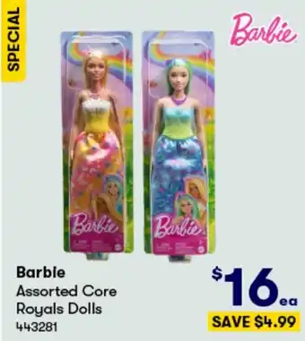 BIG W Barbie Assorted Core Royals Dolls offer