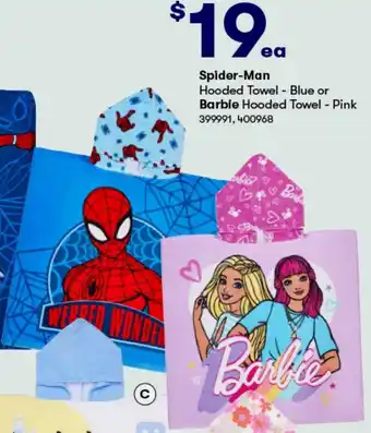 BIG W Spider-Man Hooded Towel - Blue or Barbie Hooded Towel - Pink offer