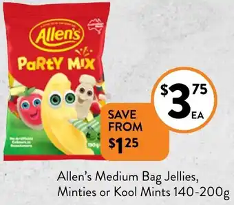 Allen's Medium Bag Jellies, Minties or Kool Mints 140-200g