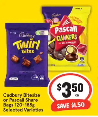 IGA Cadbury Bitesize or Pascall Share Bags 120-185g Selected Varieties offer