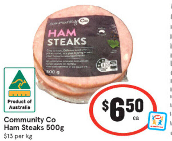 Community Co Ham Steaks 500g offer at IGA