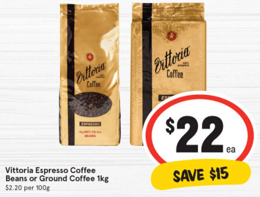 Vittoria Espresso Coffee Beans or Ground Coffee 1kg offer at IGA