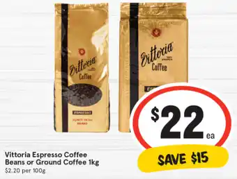 IGA Vittoria Espresso Coffee Beans or Ground Coffee 1kg offer