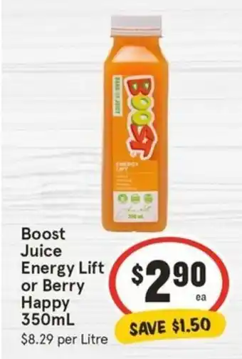 IGA Boost Juice Energy Lift or Berry Happy 350mL offer