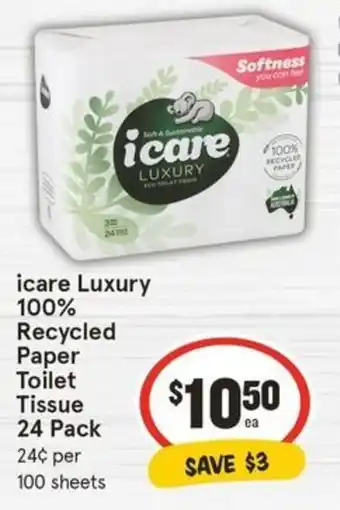 IGA icare Luxury 100% Recycled Paper Toilet Tissue 24 Pack offer