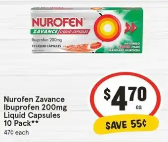 IGA Nurofen Zavance Ibuprofen 200mg | Liquid Capsules 10 Pack offer